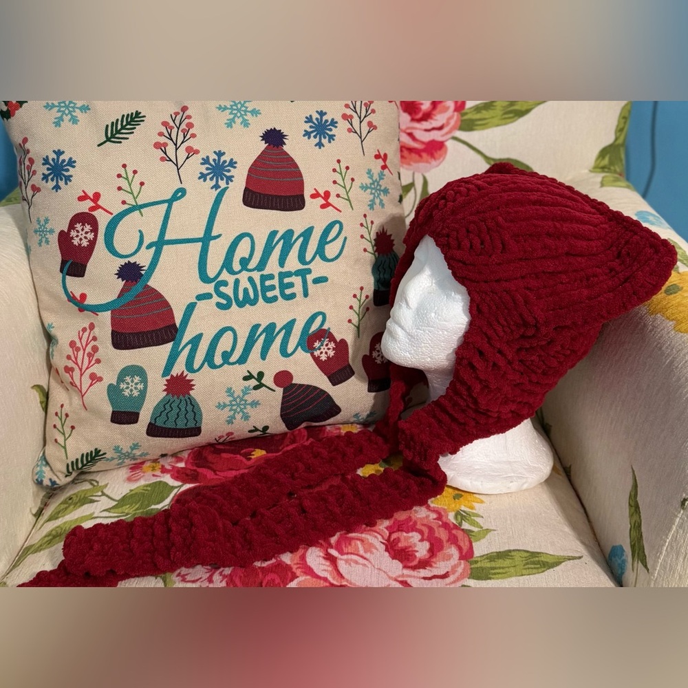 Handmade Hand Crafted Knit Ear Flap Cat Hat Adult Teen size Red - Picture 3 of 4